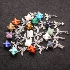 Merkaba star gemstone angel wing pendants in various colorful crystals for necklaces