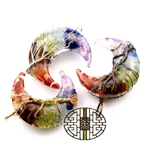 Tree of Life wire wrapped moon pendants with crushed crystal stones for jewelry