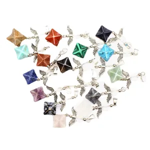 Natural crystal Merkaba star pendant necklace with intricate silver angel wings