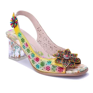 Handmade Sheepskin Leather Baroque Heeled Sandals Colorful Floral Hollow Design Transparent Heel Women Retro Summer Shoes