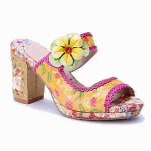 Luxus Damen Retro Schafsleder Sandalen Mit Hohen Absätzen 3D-Druck Blumenmuster Böhmisch Blockabsatz Handgemalte Zomerschuhe