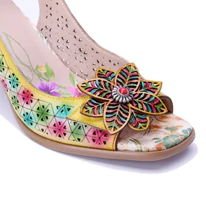 Vintage handmade leather sandals with 3D floral decoration and laser-cut patterns
