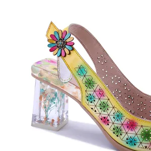Retro Baroque handmade leather sandals with 3D flower and dried flower clear heel