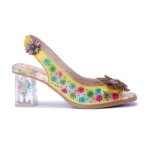 Handmade retro Baroque colorful leather sandals with 3D flowers and clear floral heels