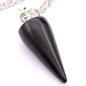 Minimalist polished black cone crystal pendulum pendant with silver chain necklace