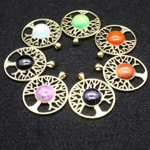 Collier Pendentif Arbre de Vie Alliage Plaqué Or 24K Améthyste Agate Opale Rond Creux Médaillon Bijoux de Mode pour Femme