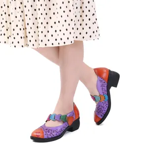 Detailed view of retro hollow out Mary Jane shoes with colorful macaron patchwork
