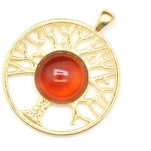 Pendentif arbre de vie doré exquis avec une pierre ronde en agate rouge et cornaline