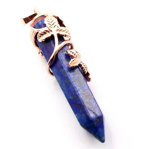 Lapis lazuli style hexagonal pillar pendant necklace with rose gold leaf vine detail