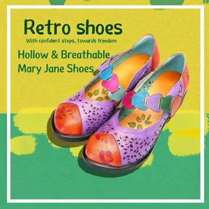 Women Retro Macaron Genuine Leather Mary Jane Shoes Floral Printed Hollow Out Velcro Breathable Casual Sandals Middle Heel