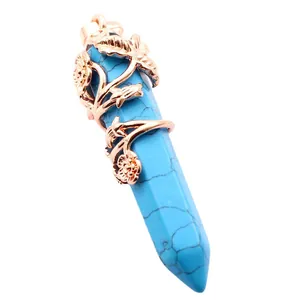 Rose gold flower vine wrapped turquoise stone hexagonal point pendant necklace