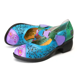 Vintage macaron floral Mary Jane shoes with hollow out breathable design for women