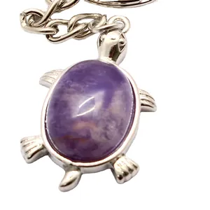 Detailed purple marble stone turtle keychain pendant with silver metal chain decor