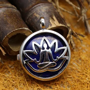 Round lotus yoga pendant necklace with blue lapis lazuli stone