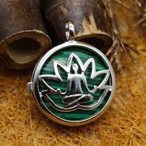 Unisex silver yoga lotus silhouette pendant necklace with green malachite stone