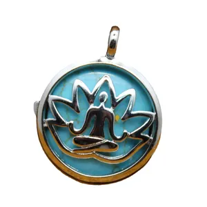 Artistic yoga meditation lotus flower pendant with light blue opalite stone in silver frame