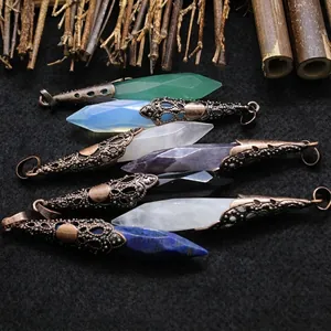 Vintage Natural Stone Hexagonal Bullet Point Pendant Necklace For Women Retro Hollow Alloy Cap Lapis Lazuli Amethyst Healing Crystal Jewelry