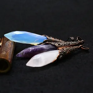 Retro crystal pillar pendant necklaces with antique bronze filigree caps in three colors