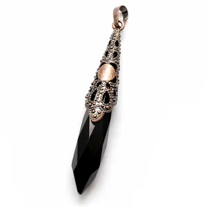 Vintage obsidian bullet crystal pillar pendant necklace with bronze filigree cap