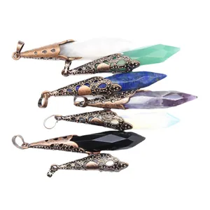 Set of vintage hexagonal crystal column pendants with ornate bronze caps in multiple colors