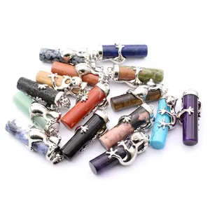 Vintage Natural Stone Hexagonal Pillar Pendant Necklace For Women Men Alloy Frog Crystal Point Animal Necklaces Jewelry