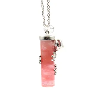 Stylish chameleon pendant necklace featuring watermelon red crystal column and silver chain