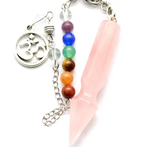 Péndulo de cristal de cuarzo rosa con cuentas de chakra y colgante de símbolo Om