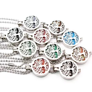 Tree Of Life Hollow Out Locket Necklace Alloy Round Pendant Natural Volcanic Stone Jewelry For Women Men Everyday Accessory