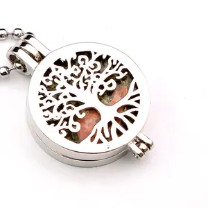 Tree of life hollow locket pendant necklace with volcanic stone and ball chain