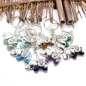 Olifant Dier Vorm Sleutelhanger Natuurlijk Kristal Steen Hanger Strass Legering Sleutelring Voor Vrouwen Mannen Tas Decor