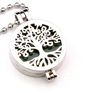 Tree of Life hollow locket pendant necklace with green volcanic stone on silver chain