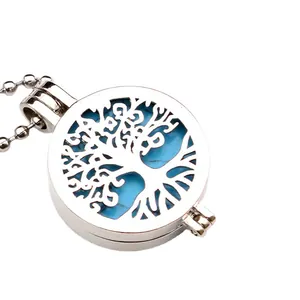 Elegant silver Tree of Life hollow locket pendant necklace with a light blue insert stone