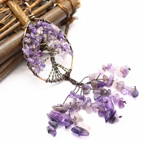 Detailansicht des handgefertigten Lebensbaum-Anhängers mit lila Amethyst-Steinen
