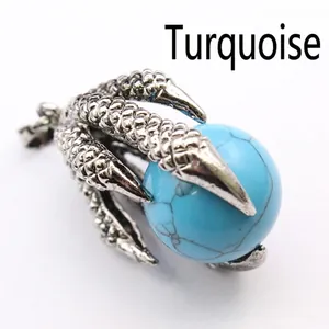 Detailed macro shot of a medieval dragon claw pendant clutching a blue turquoise stone bead