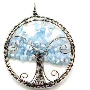Vintage copper wire wrapped Tree of Life hanging ornament with blue crystal stones
