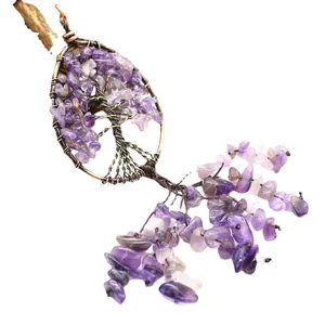 Handgefertigter Amethyst Lebensbaum Schlüsselanhänger mit Bronzedraht und Kristall