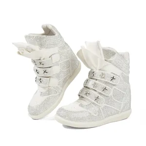 Elegant punk-style high-top wedge sneakers with sparkling rhinestones and star studs