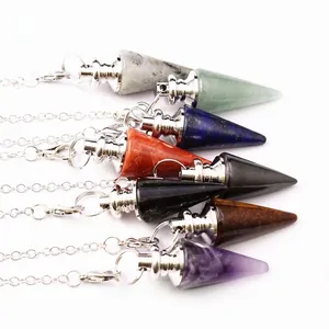 Collier Pendule en Cristal de Cône Hexagonal en Pierre Naturelle Vintage Pendentif Lapis-lazuli Améthyste Quartz Rose
