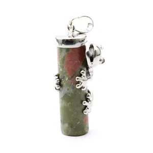 Unakite stone pillar pendant with a climbing silver frog charm on white background.