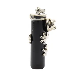 Black volcanic stone pillar pendant necklace with silver climbing frog design