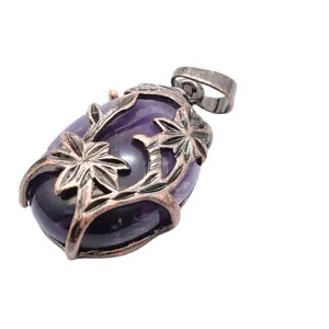 Vintage medieval double flower pendant with purple amethyst style stone on white back