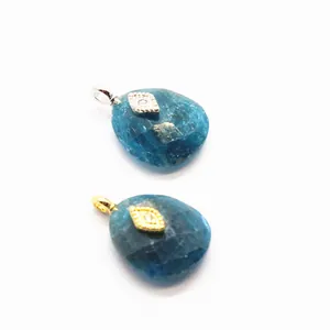 Close-up of teardrop Amazonite crystal pendants with 24K gold and silver plating.