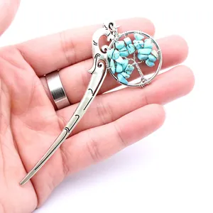 Antikes Lesezeichen aus Silber mit Lebensbaum und blauen Türkis-Kristallsteinen