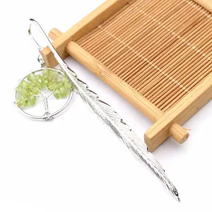 Detalle: Marcapáginas de pluma plateada con colgante Árbol de la Vida de cristal verde