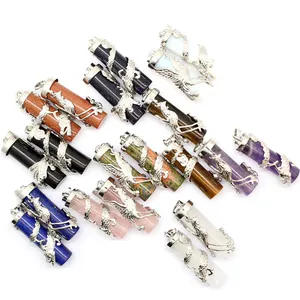 Ethnic Style Dragon And Phoenix Column Pendant Crystal Alloy Stone Necklace For Couples Retro Jewelry Gift For Men Women
