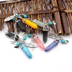 Hexagonal Crystal Pillar Pendant Necklace With Metal Feather Charm And Turquoise Bead Agate Jewelry For Men Women Daily Accessory