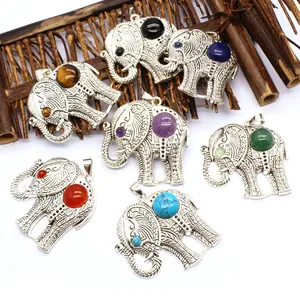 Vintage Legering Olifant Hanger Ketting Etnisch Boheems Retro Zilver Dier Kunstmatige Edelsteen Sieraden Voor Unisex