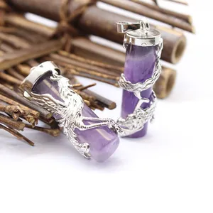 Detailed close-up showing the intricate silver dragon and phoenix wrap on amethyst pendants.