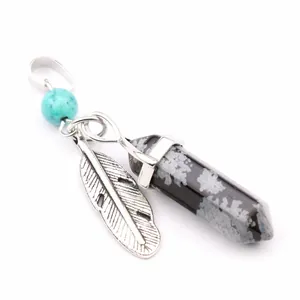 Detailed view of hexagonal snowflake obsidian crystal pendant with feather charm.