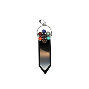 Colgante de punta de cristal negro hexagonal de 7 Chakras con adorno plateado